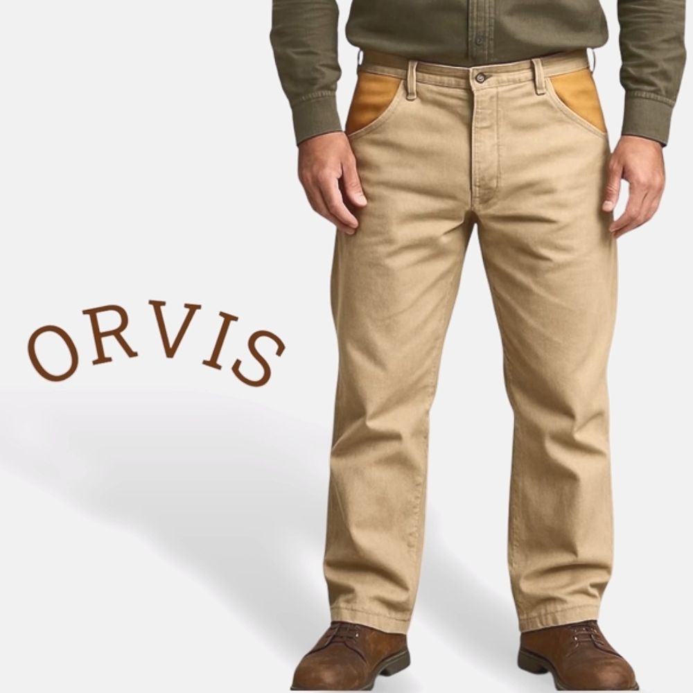 90s ORVIS Mens Leather Trim Twill Outdoors Pants
